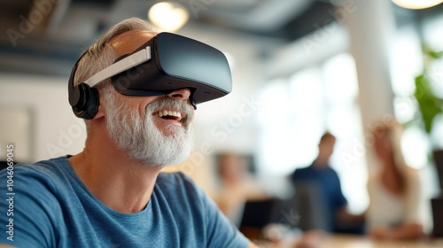 An elderly man with a beard is wearing a VR headset, joyfully experiencing virtual reality in a contemporary office space with blurred background.