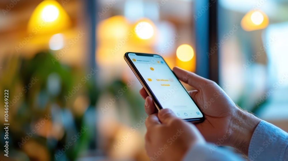 A person interacts with their phone, with smart lighting visible in the background, highlighting the blend of technology and contemporary home living. A person interacts with their phone, with smart lighting visible in the background, highlighting the blend of technology and contemporary home living.