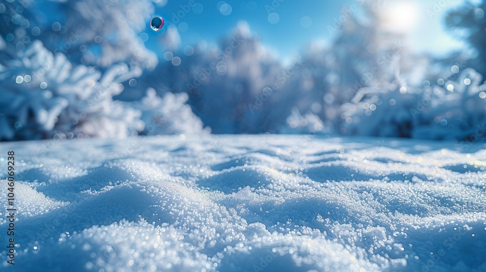 Snow-covered landscape with trees in the background under a clear blue sky. Snow-covered landscape with trees in the background under a clear blue sky.