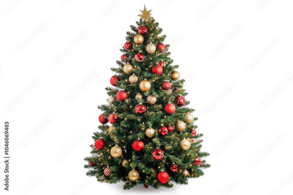 Fototapeta premium Christmas tree decorated with red and gold ornaments, glowing with lights, presents underneath, creating a warm holiday atmosphere.