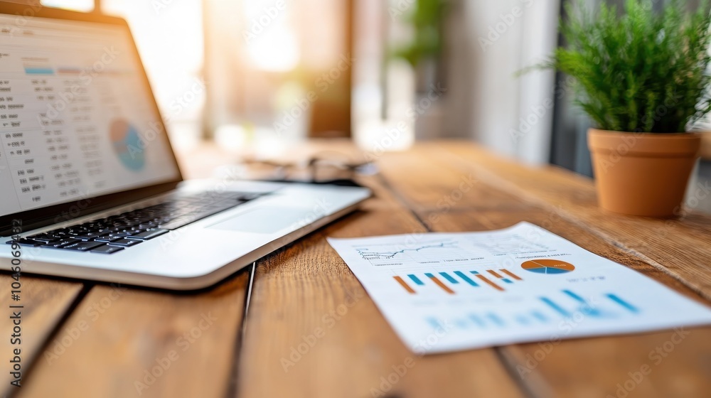 A laptop displaying graphs alongside printed charts rests on a wooden table, illuminated by natural light. The scene exudes tranquility and focus, perfect for productivity. A laptop displaying graphs alongside printed charts rests on a wooden table, illuminated by natural light. The scene exudes tranquility and focus, perfect for productivity.