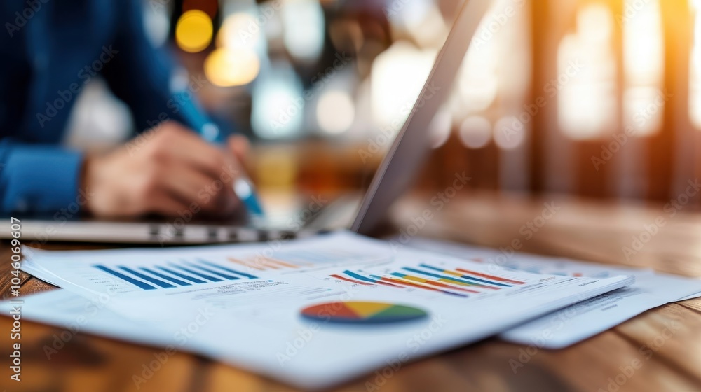 Focused businessman in a modern office analyzes data charts on a laptop, illustrating financial growth and performance with colorful graphs in a corporate setting. Focused businessman in a modern office analyzes data charts on a laptop, illustrating financial growth and performance with colorful graphs in a corporate setting.