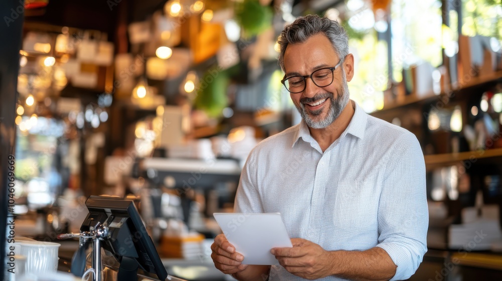 A smiling man in glasses enjoys reading a document under the warm lights of a cozy cafe, representing contentment, leisure, and a love for knowledge. A smiling man in glasses enjoys reading a document under the warm lights of a cozy cafe, representing contentment, leisure, and a love for knowledge.