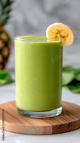 A refreshing green smoothie is served in a glass, garnished with a slice of banana, sitting on a wooden coaster with a backdrop of leafy greens and a pineapple. photo