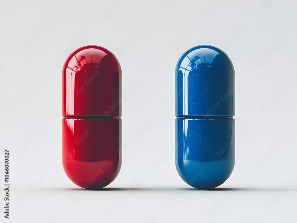 Vibrant Red and Blue Capsules in Minimalistic Design for Healthcare and Pharmaceutical Concepts Vibrant Red and Blue Capsules in Minimalistic Design for Healthcare and Pharmaceutical Concepts