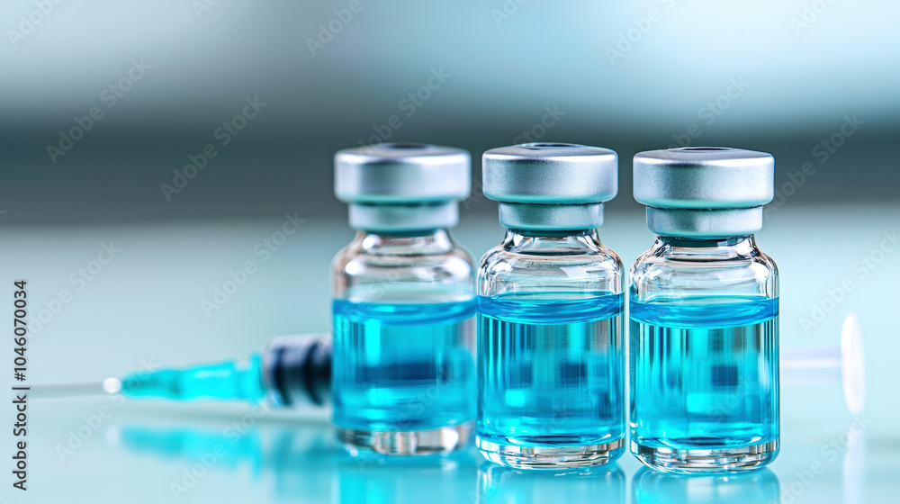 Vials with blue liquid and syringe, white isolated background Vials with blue liquid and syringe, white isolated background