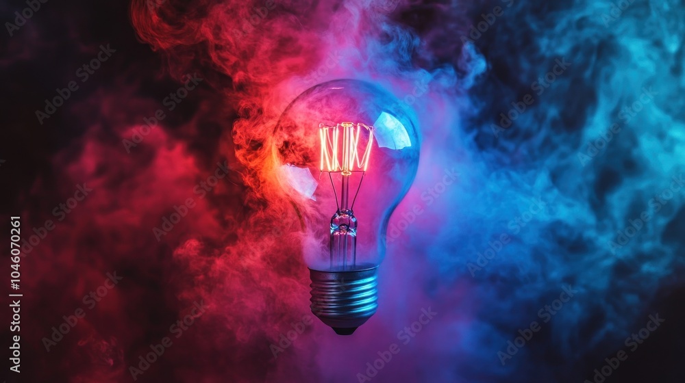 Glowing Light Bulb in Red and Blue Smoke Glowing Light Bulb in Red and Blue Smoke