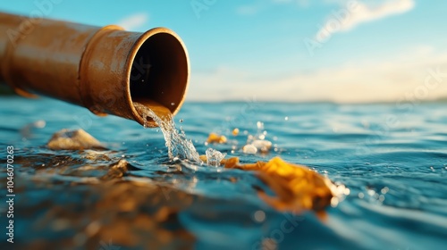 An effluent pipe releasing a stream of water mixed with debris into the ocean, conveying the urgent issue of water pollution and its effects on marine life.