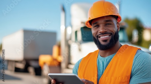 A confident worker in an orange vest and helmet holding a tablet, smiling in front of a truck, representing modern industry and logistics, and connectivity.