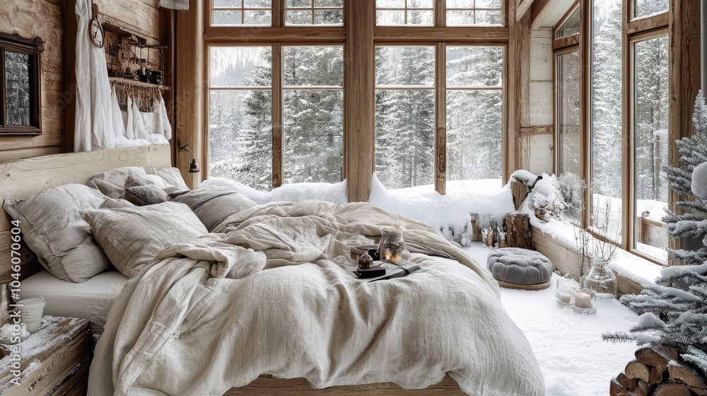 Cozy Winter Bedroom with Scenic Mountain View Cozy Winter Bedroom with Scenic Mountain View