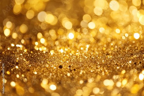 Gold glitter background with shimmering lights reflecting on the surface, creating a festive and glamorous atmosphere.