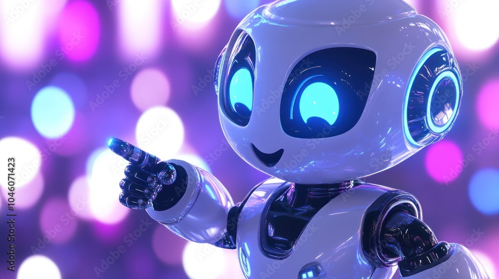 Smiling Robot Pointing With Futuristic Bokeh Background Smiling Robot Pointing With Futuristic Bokeh Background