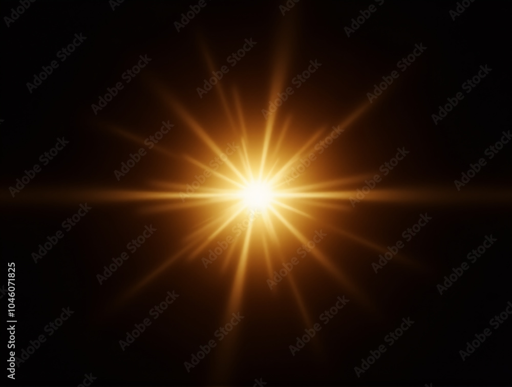 Fototapeta premium Ethereal Lens Flare and Golden Sunburst on Pitch Black Background with High Contrast and No Visible Light Source