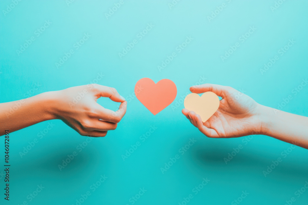Obraz premium Two hands hold paper hearts against a blue backdrop.