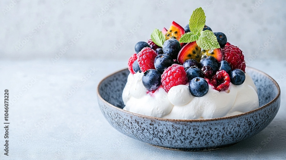 A bowl brimming with whipped cream, topped with berries, and garnished with a sprig of mint and a green leaf A bowl brimming with whipped cream, topped with berries, and garnished with a sprig of mint and a green leaf