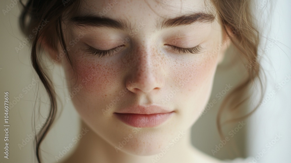 Serene Young Woman with Freckles and Closed Eyes Serene Young Woman with Freckles and Closed Eyes