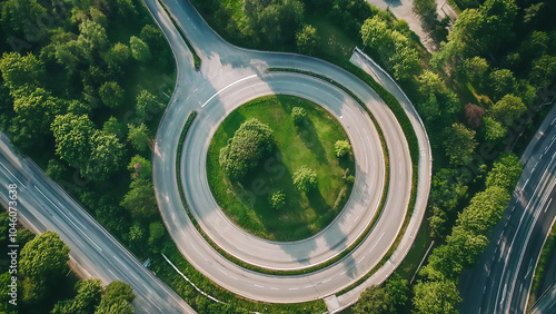 Road at roundabout surrounded by trees, View from the sky 