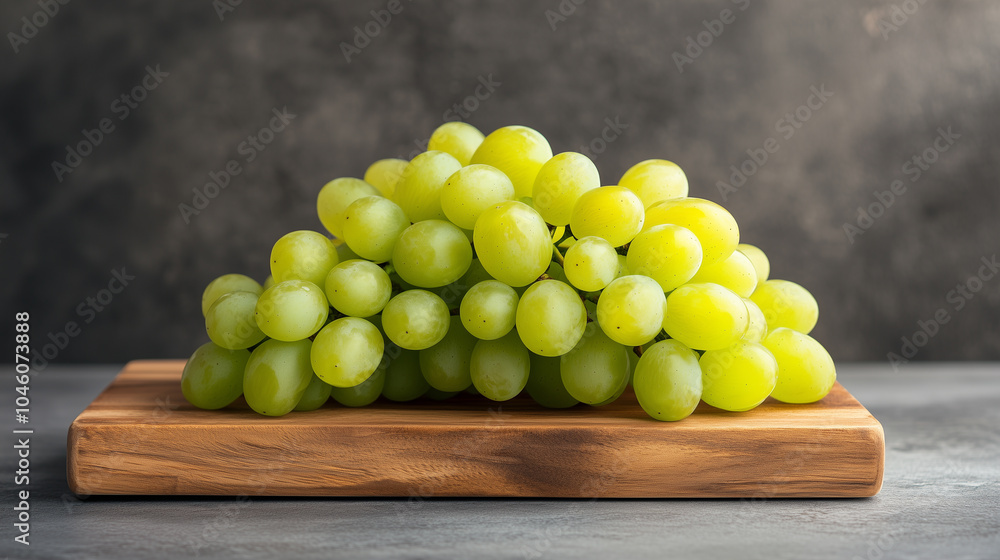 Fresh green grapes arranged on wooden cutting board, showcasing their vibrant color and natural shine. Fresh green grapes arranged on wooden cutting board, showcasing their vibrant color and natural shine.