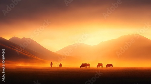  A herd of cattle grazes on a green field alongside a golden mountain sky