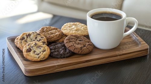 Fresh Cookies and Coffee on a Wooden Tray