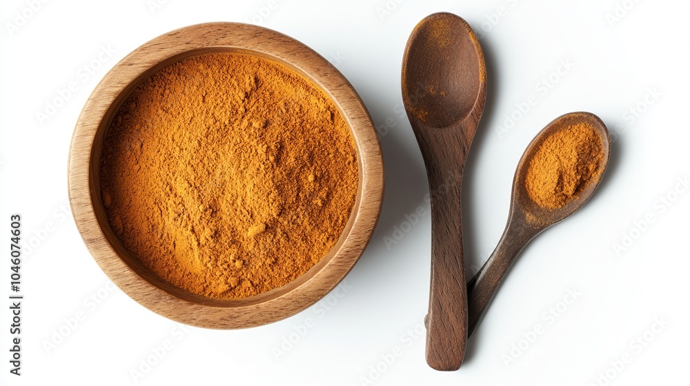 Turmeric powder placed in both a wooden bowl and a spoon, isolated against a white background Turmeric powder placed in both a wooden bowl and a spoon, isolated against a white background
