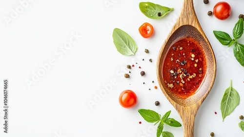 Wooden spoon filled with appetizing adjika sauce viewed from above on a white background photo