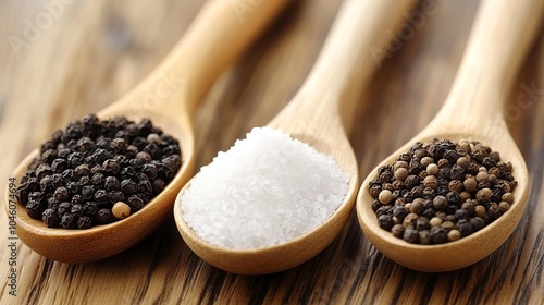 Wooden spoons containing black pepper, sea salt, and ground pepper photo