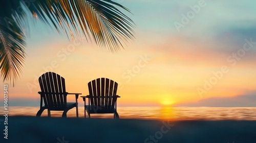  A pair of chairs resting on a sandy shore beside a swaying palm tree and overlooking a serene expanse of water