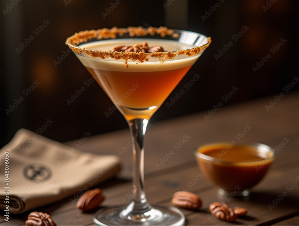 Luxurious Butter Pecan Martini with Caramel Drizzle and Crushed Pecans in Clear Glass on Stylish Table Setting with Whole Pecans and Decorative Napkins Luxurious Butter Pecan Martini with Caramel Drizzle and Crushed Pecans in Clear Glass on Stylish Table Setting with Whole Pecans and Decorative Napkins