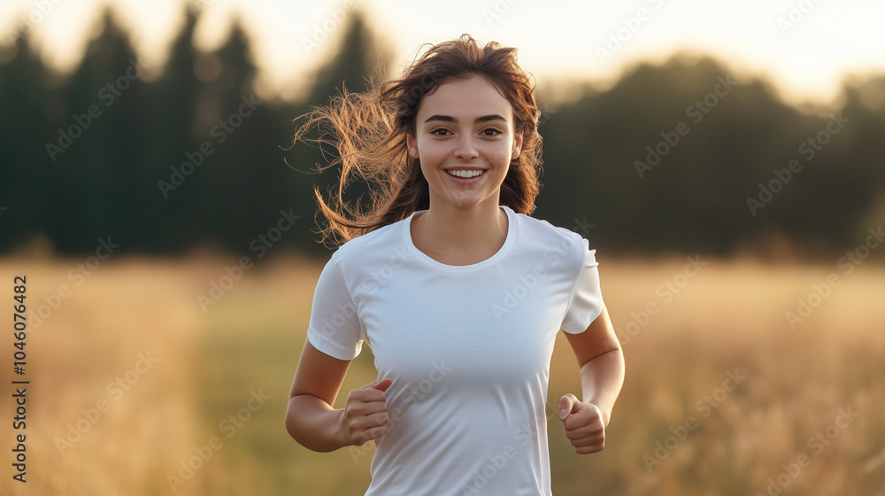 young woman is running joyfully in field during sunset, showcasing her enthusiasm and vitality. Her hair flows in wind as she enjoys moment. young woman is running joyfully in field during sunset, showcasing her enthusiasm and vitality. Her hair flows in wind as she enjoys moment.