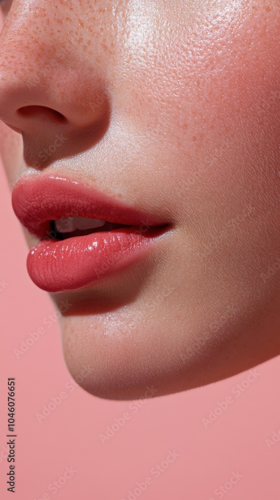 Naklejka premium Close-Up of Glossy Lips with Freckles