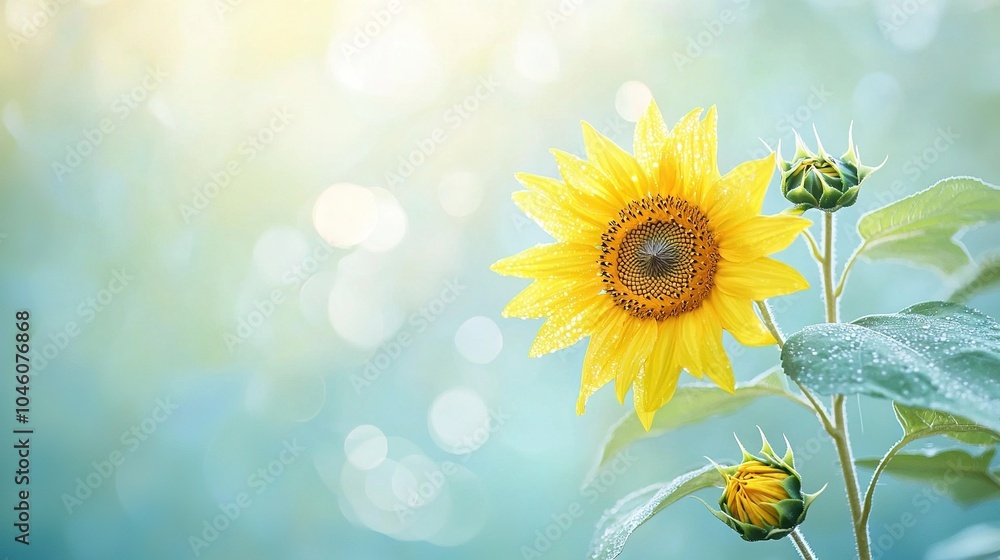 Fototapeta premium A sunflower close-up with water droplets on its petals and a blurred background