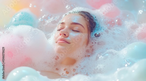 beautiful young woman in a bathtub with bubbles and colorful balloons