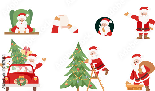 Set of cute Santa Claus characters in different poses, emotions, holiday situations isolated on white background. Hand drawn Christmas vector illustration.