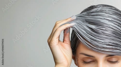 A woman carefully colors her hair at home, tackling gray roots and achieving a fresh, vibrant look. photo