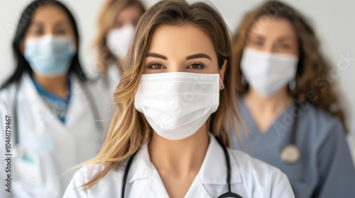 Captivating closeup of a dedicated female EMS worker in PPE, proudly showcasing her strength amidst healthcare colleagues.