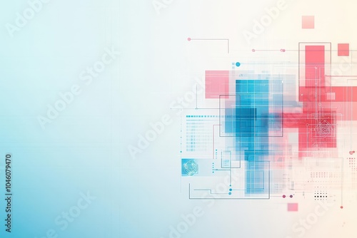 Cluster of geometric tech shapes in a flat design, front view, neural networks theme, water color, Complementary Color Scheme