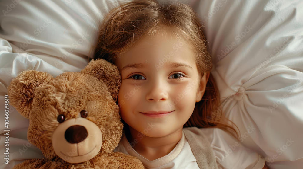 A sweet girl snuggles with her fluffy bear, wrapped in warmth and comfort in her cozy home bed. A sweet girl snuggles with her fluffy bear, wrapped in warmth and comfort in her cozy home bed.