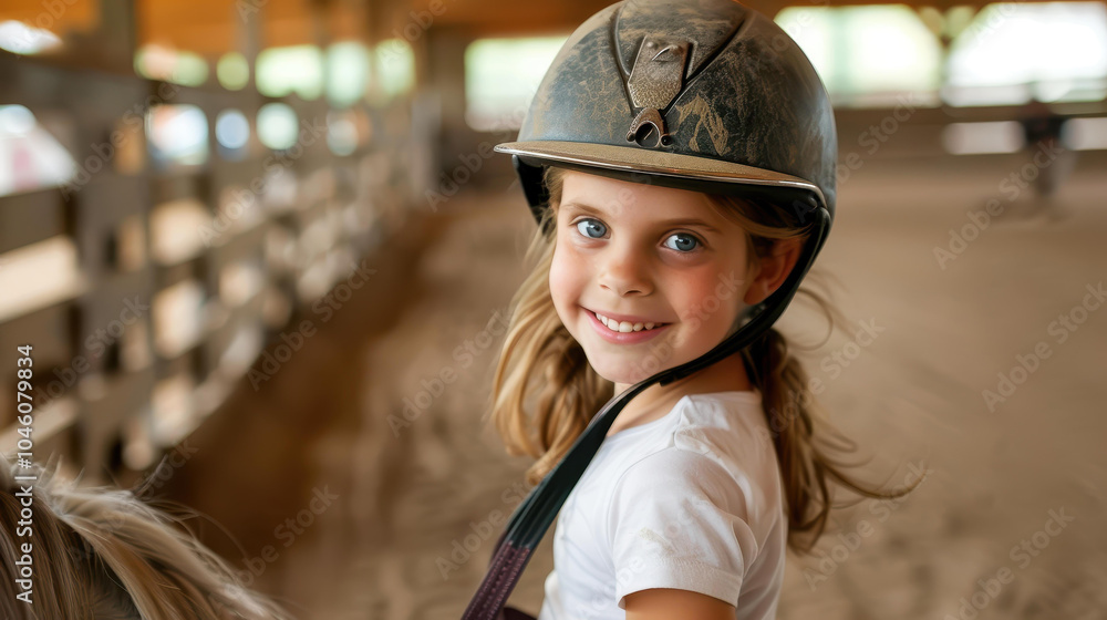 Joyful girl in riding gear beams at the camera during her equestrian lesson, showcasing her love for horses and adventure. Joyful girl in riding gear beams at the camera during her equestrian lesson, showcasing her love for horses and adventure.