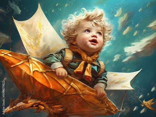 Cute little boy playing with a fantasy dragon. Fantasy world. photo