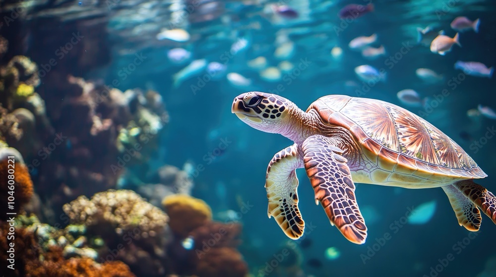 Fototapeta premium Graceful Sea Turtle Swimming in Clear Ocean Water