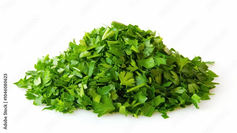 Discover the intricate details of finely chopped parsley in this high magnification macro shot against a clean white backdrop. Discover the intricate details of finely chopped parsley in this high magnification macro shot against a clean white backdrop.