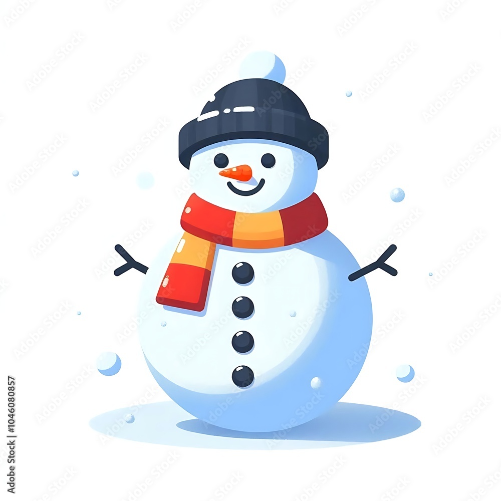 Naklejka premium Flat, isolated illustration of a happy snowman wearing a cozy scarf and hat. The simple design features rounded shapes, a carrot nose, and twig arms, set against a clean white background.