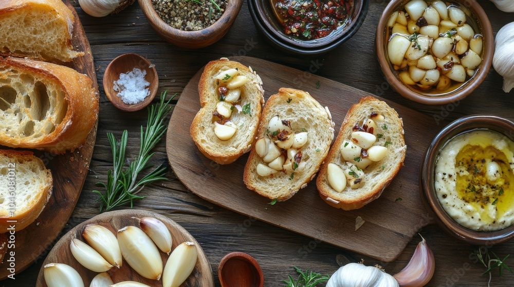 Garlic Cloves with Bread and Condiments on Wooden Table Garlic Cloves with Bread and Condiments on Wooden Table