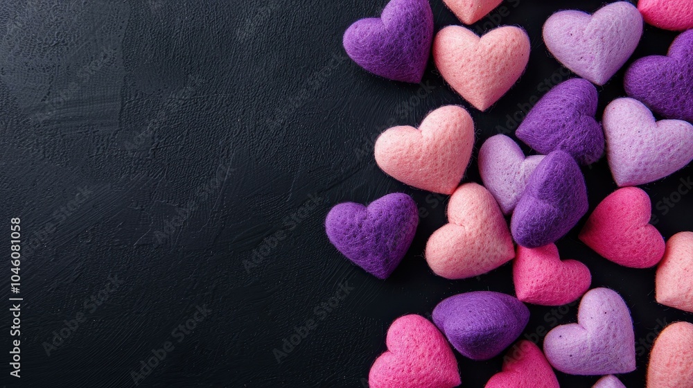Obraz premium Celebrate love with a stunning background featuring pink and purple hearts against a sleek black canvas for Valentines Day.