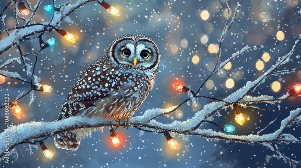 Winter owl sitting on a snowy branch with holiday lights Winter owl sitting on a snowy branch with holiday lights