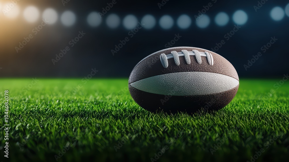 Close-up of a football on a grass field with a blurred stadium background. Close-up of a football on a grass field with a blurred stadium background.