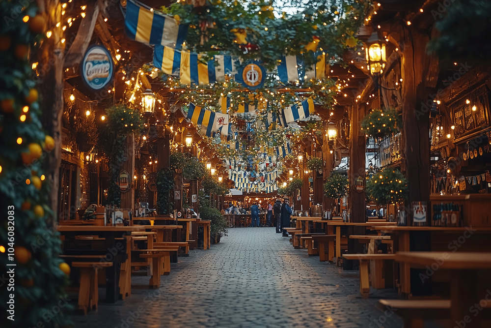 Fototapeta premium A festive Oktoberfest beer tent decorated with Bavarian flags and banners.