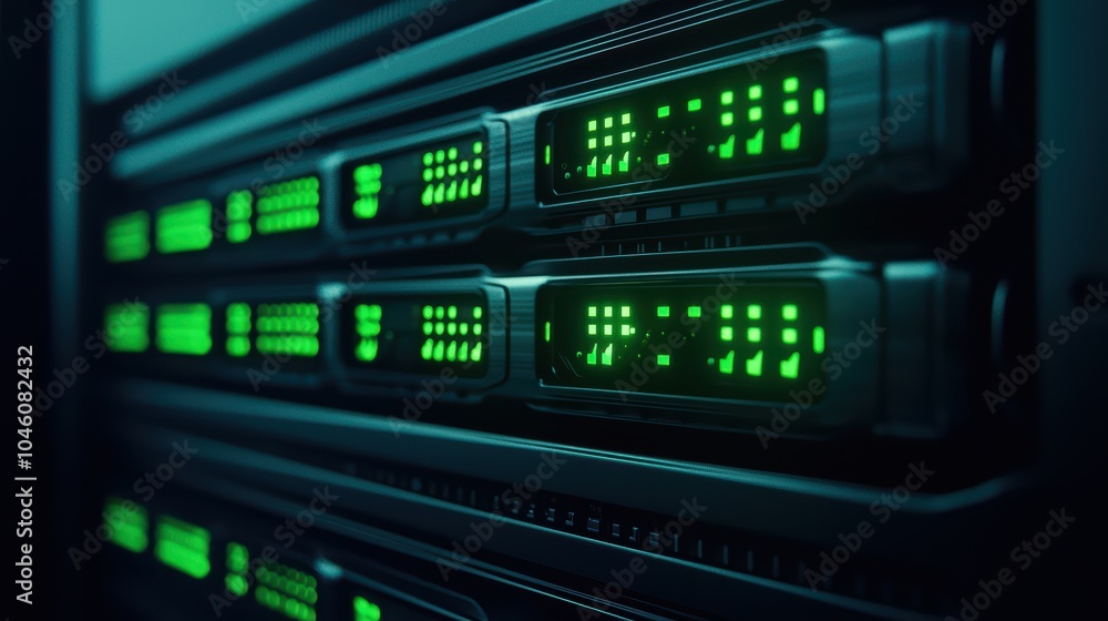 Close-up view of a data server with glowing green lights and intricate design, isolated on a dark background. Close-up view of a data server with glowing green lights and intricate design, isolated on a dark background.