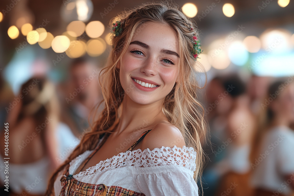 A woman in a Dirndl dancing with friends at an Oktoberfest celebration. A woman in a Dirndl dancing with friends at an Oktoberfest celebration.
